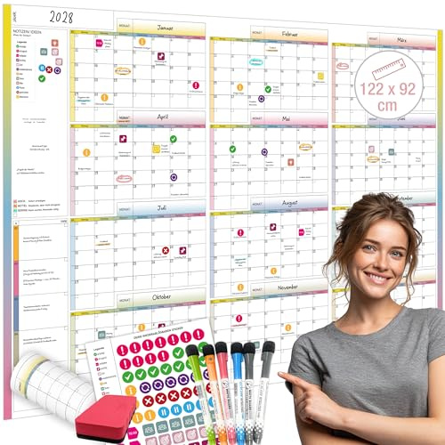 PlanMaster XL – Großer Whiteboard Jahresplaner 120×92cm | Abwischbarer Wandkalender Set inkl. Marker & Sticker | Wiederverwendbarer Kalender für Teams, Büro, Jahresplanung & Projektmanagement