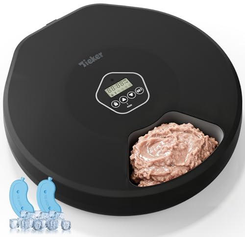 Tieker Automatic Cat Feeder Wet Food, Wireless Pet Feeder with Timer, 5 Meals Cat Food Dispenser with 2 Ice Packs, Smart Pet Food Dispenser for Wet/Dry Food, Freshness Feeding Station, Black