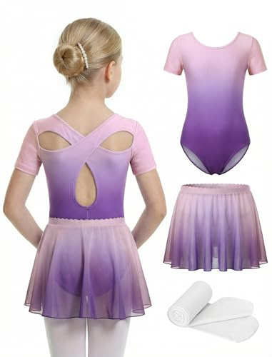 JiAmy 3PCS Girls Ballet Leotards with Skirt Tights Set, Cross Back Dance Dress, Toddler Ballerina for Little Big Kid 5-6 Years