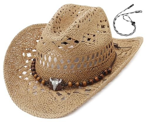 EOZY Straw Cowgirl Hat for Women Men Western Cowboy Hat Woven Hollow Out Wide Brim Sun Hat with Chin Strap