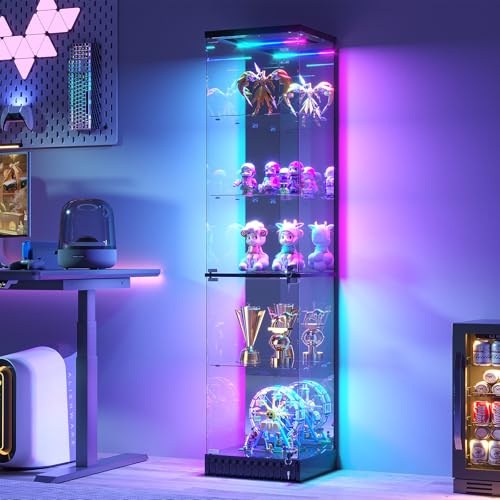 Gurexl 170 CM Vetrina in Vetro con Illuminazione Dinamica e Sensore Del Corpo Umano,Vetrina Moderna con 2 Ante e Serratura,Mobile Portabottiglie a Pavimento Per Soggiorno,Collezione,Bar,Studio,Nero