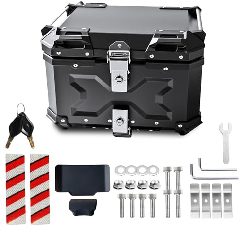 QBselecar Universal Motorcycle Top Case 55L Motorbike Tail Box Trunk Tour Storage Carrier Case Back Luggage Box Black with Backrest Security Lock and Handle Waterproof Dustproof Anti-Theft