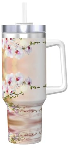 KIJ White Orchid In The Pond, 40 OZ Double-Wall Vacuum-Insulated Tumbler with Handle & Straw Lid – Sweat-Proof, Hot & Cold, Unisex Gift