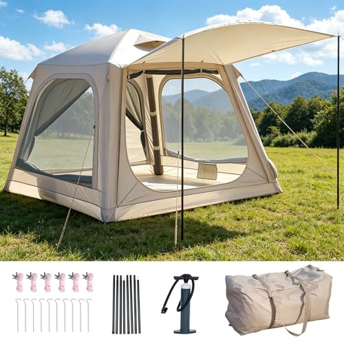 Aufblasbares Zelt für Camping Outdoor Zelt für 2-4 Personen mit Luftpumpe, Kaminöffnung Aufblasbares Gampingzelt aus Wasserdichtem Oxford-Stoff Air Glamping Zelte für 4 Jahreszeiten Camping Erwachsene