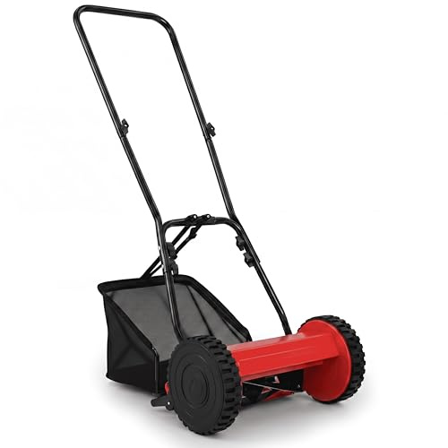 GYMAX Tondeuse à Gazon Manuelle, avec Sac de Ramassage 18,5L, Tondeuse Hélicoïdale, Coupe Hauteur Réglable 15 à 40 mm, Poignée en U, pour Pelouse, Jardin, Ferme (Rouge)