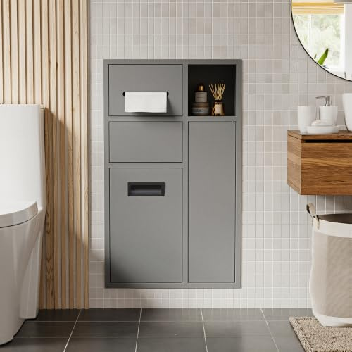 MSFE Porte Papier Toilette Encastré,Module D'armoire Encastré en Acier Inoxydable avec Poubelle Amovible, Boîte À Mouchoirs, Rangements Et Porte-Brosse WC pour Salle de Bain,67 * 40 * 14.13CM