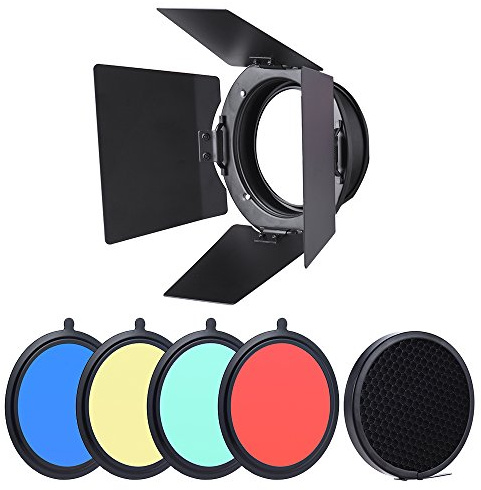 Andoer Barndoor Abschirmklappen 96 mm Universal Mount Metal Barn Door mit Wabenraster 4pcs Color Gel Filter für Neewer Godox 180W 250W 300W Andoer MD-250 Studio Strobe Blitzlicht Monolight
