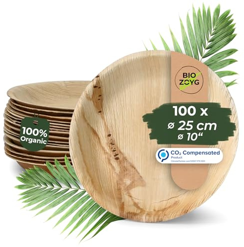 BIOZOYG 100x assiettes en feuille de palmier Ø 18 cm - Assiettes jetables compostables et naturelles - Vaisselle de fête ronde
