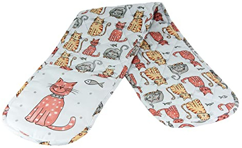 SPOTTED DOG GIFT COMPANY - Doppelte Ofenhandschuhe Hitzebeständig Topflappen Backhandschuhe aus Qualitäts Weiß Baumwolle mit Katze Motiv, Tier Geschenk für Katzenliebhaber