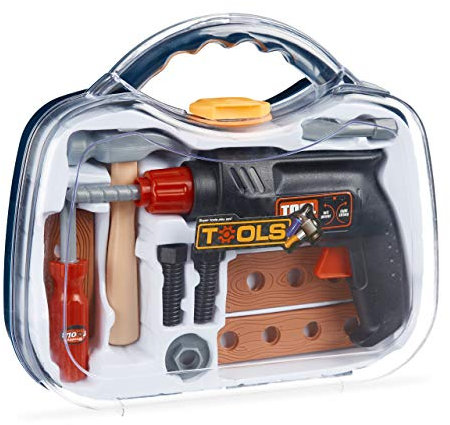 Relaxdays 10024275 Werkzeugkoffer für Kinder, 11-teilig mit Bohrmaschine (Drehfunktion), Handwerker Spielen, mit Hammer UVM, transparent, H x W x D: app. 26 x 29.5 x 8.5 cm