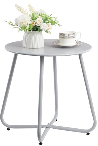 HollyHOME Runder Beistelltisch aus Metall, rostbeständig, für Terrasse, kleiner Pflanzenständer, 44 cm, tragbarer Beistelltisch für Balkon, Garten, Wohnzimmer und Schlafzimmer, Grau