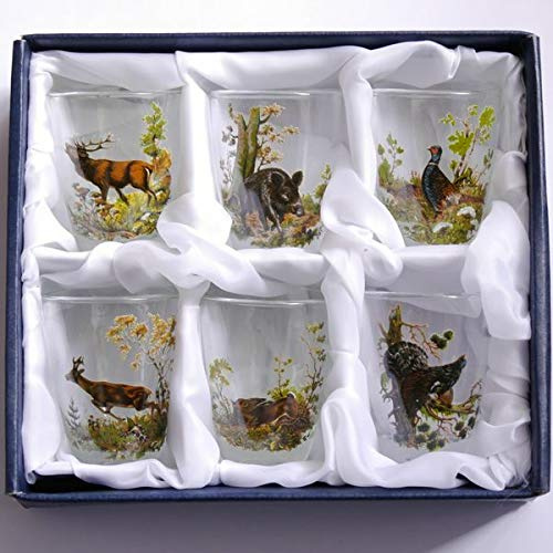 6 teiliges Schnaps Gläser Set kurz mit farbigen Jagdmotiv - 2 cl -