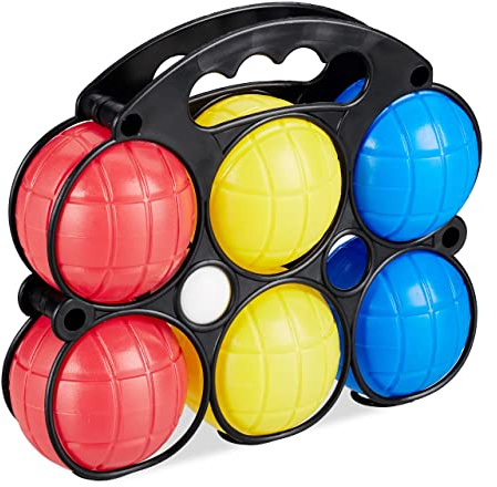 Relaxdays Juego de petancas (10 Unidades, 60 Bolas de Petanca en 3 Colores, plástico, con 10 Bolas de Objetivo y Cesta de Transporte, Juego de Petanca para niños, Multicolor
