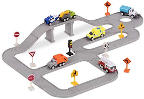 DRIVEN by Battat - Playset di auto giocattolo per bambini - Set città da 57 pezzi con binari collegabili e veicoli - Equipaggio sicuro, segnali stradali e accessori, 3 anni+