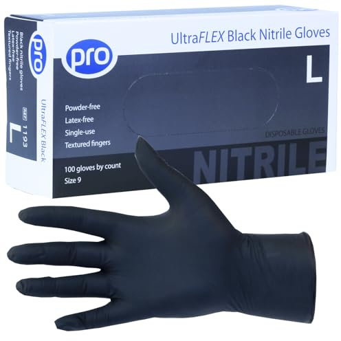 PRO UltraFLEX Black 3.5g Nitrile Disposable Gloves, Large - 100 Pack | Powder-free, latex-free, food safe nitrile. EN420 certified. Ideal for Tattooists, Nail Tech, Salon & Catering