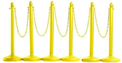 Montour Line Plastic Stanchion Yellow 2.5 Inch Diameter with 50 Foot Chain, 6-Pack, Crowd Control Barriers