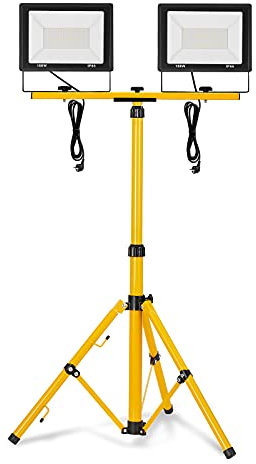 UISEBRT Projecteur LED 2 * 100W blanc froid avec trépied Eclairage Extérieur LED avec cordon d'alimentation Lumières d'inondation étanche IP66 pour garage, jardin, chantier de construction