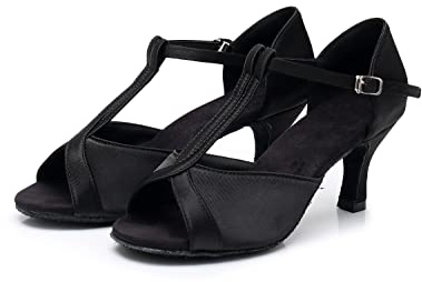 Rosefinch Chaussures de Danse Latine pour Femme Salsa Bachata Performance Professionnelle - A05, Noir 7cm Talon 36 EU