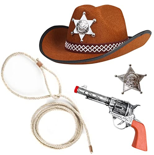 Goldschmidt Kostüme Cowboy Sheriff Accessoires Set 4-tlg mit Cowboyhut | Lasso Hut Revolver & Sheriffstern Accessoireset Fasching Karneval Kinder Erwachsene (4-tlg Kinderhut braun), GCS01