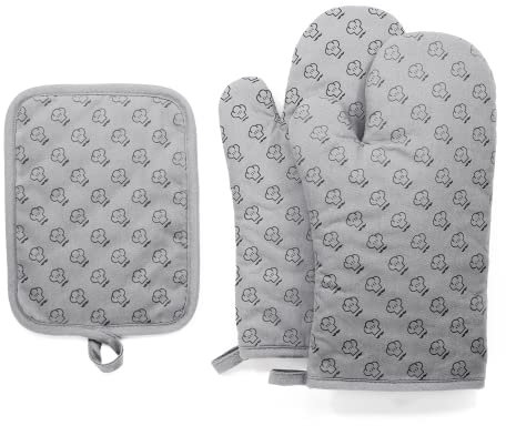 Chef Pomodoro Set Presine e Guanto da Cucina, Confezione da 2 Guanti da Forno e 1 Presina Resistente al Calore, Presine da Cucina con Dettagli in Silicone Antiscivolo, Per Forni e Griglie (Grigio)