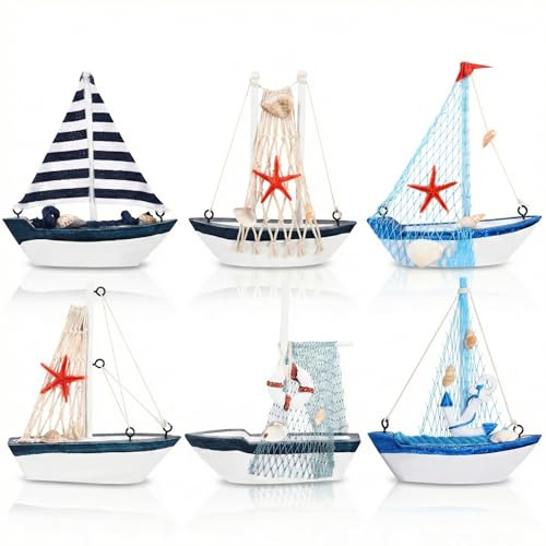 6 Stück Segelboot Modell Boot Deko Miniatur Holz Schiff Dekoration mit Fischernetz und Muscheln für Badezimmer Wohnzimmer Tischdeko Küste Strand Design Maritimes Ergänzungs Set Blau Weiß 13cm