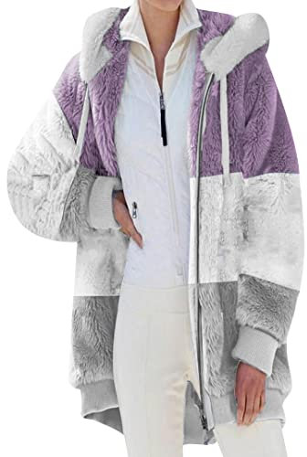 EFOFEI Damen Plüsch Kunstpelz Langarm Kapuzenmantel Winter Warm Soft Teddy Hoodie Pullover Casual Double Fuzzy Fluffy Hoodie Lila M