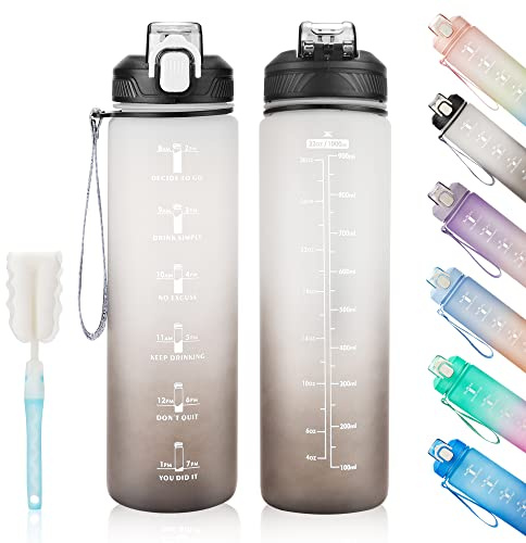YC Kitchen Botella Agua Motivacional de 1Litro, a prueba de fugas y no BPA, Botella Agua Niños para beber Deportiva con correa de paja y transporte