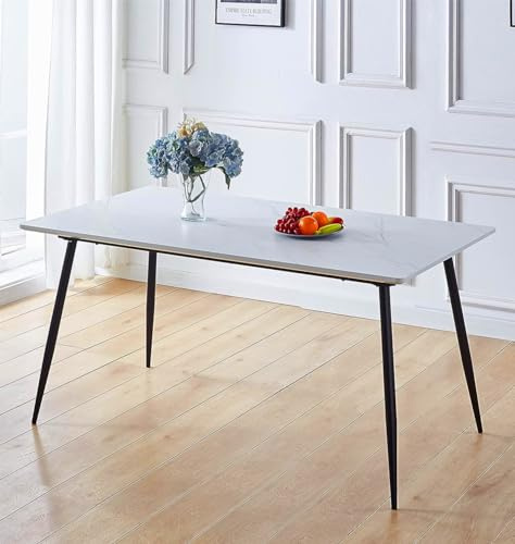Hallowood Furniture Cullompton Marble Effect Top White Dining Table 160cm | 6-8 Seater Large Rectangular Dinner Table in Black Metal Legs for Dining Rooms, Kitchens, Restaurants or Cafés (160 x 90 cm)