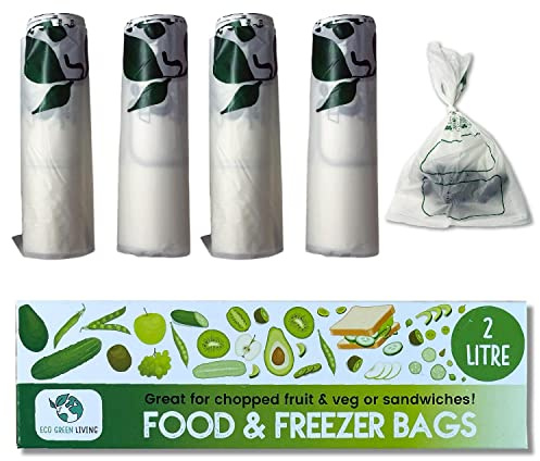 Ecogreenliving Eco Green Living Compostable Freezer Bags for Food Storage (2L x 4 Rolls, Total 140 Food Bags) | Eco-Friendly Certified Biodegradable & Leak Proof Sandwich Bags keeps your Food Fresh