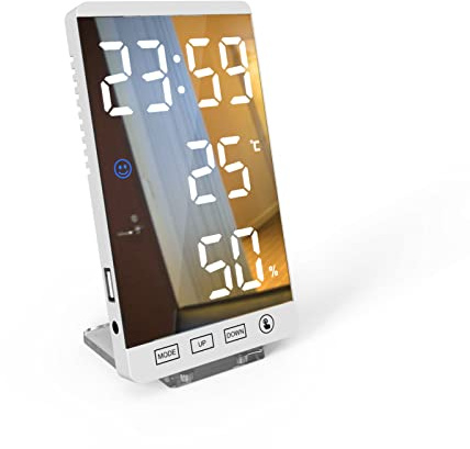 ThreeH LED Spiegel Digitaler Wecker mit 12/24H Anzeige Temperatur | Helligkeit Einstellbare Wanduhr für Zuhause Schlafzimmer Büro Weiß