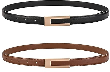 KEYRI 2 Pezzi Cintura Donna Sottile in Pelle PU per Abiti Retrò Classica Eleganti Regolabile Cinturino per Vestito Pantaloni Jeans Soprabito (Nero + Marrone)