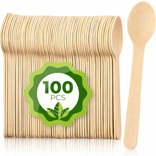 Sabco - 100pcs Premium Wooden Spoons - Wooden Spoons Disposable - Strong & Durable - Excellent Alternative to Plastic Cutlery, Premium Wooden Cutlery Made of Birch. - Eco Friendly Cutlery