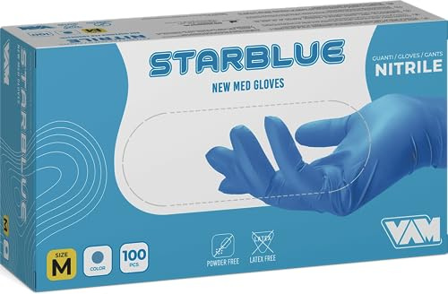 VAM STARBLUE Guanto Monouso in NITRILE, non sterile, Superficie microruvida, Totalmente privo di talcatura, ideale per pelli sensibili, Latex free. Perfetti per Alimentare, Medicale, Pulizia (100, M)