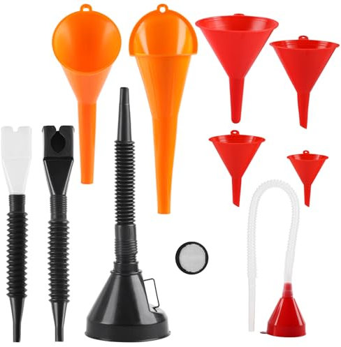 XhjzgcTech 10 Pcs Automotive Funnels Set, Wide Mouth Fuel Funnels, Flexible Right Angle Funnels, with Detachable Spout and Filter, snap funnel，Plastic Funnel Set for Water/Gasoline/Coolant/Engine Oil