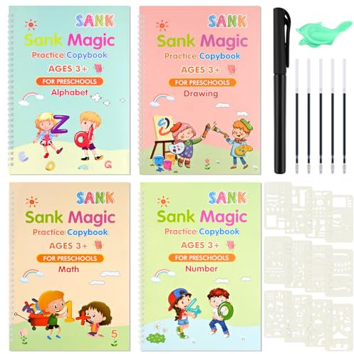WuGU 4 Stück Magisches Heft mit Zauberstift(26x18cm), Schreibhilfen,Wiederverwendbar Handschrift Kalligraphie Heft für Kinder ab 3+Jahren Schreibens von Zahlen Briefe Mathe & Zeichnenen(Englische)