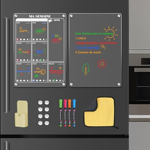 NAHRMY Lot de 2 Tableau Calendrier Magnétique Frigo (35 x 25cm), Acrylique Tableau Magnetique Frigo Planning Semaine Effaçable Transparent en Acrylique avec Accessoires Utiles