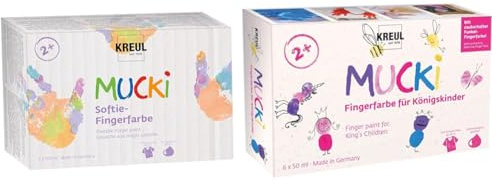 Kreul 2321 - MUCKI Softie-Fingerfarbe, 6 x 150 ml, Pastellfarben auf Wasserbasis & 23051 - Mucki Fingerfarbe für Königskinder, 6 x 50 ml in Weiß