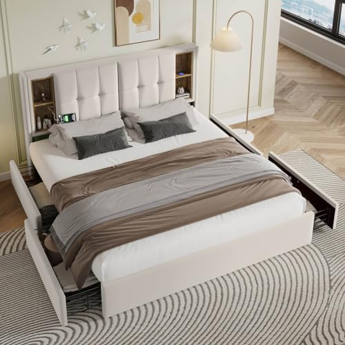 KOMHTOM 160x200cm Lit Double Rembourré, Cadre de Lit Plateforme avec 4 Tiroirs de Rangement, Sommier à Lattes en Bois, Moderne, Chambre à Coucher(sans Matelas) (Beige)