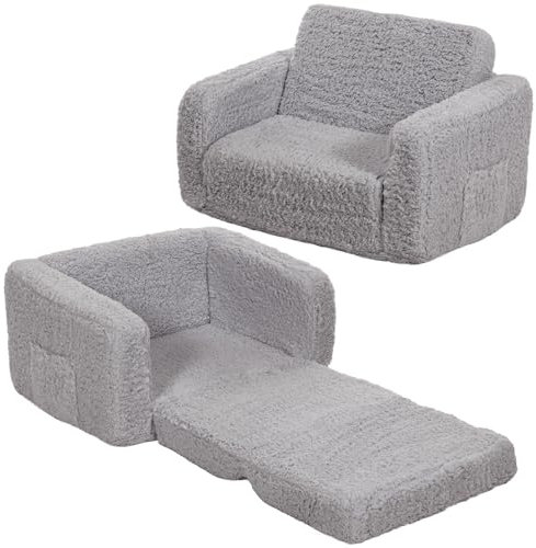 2 in 1 Kindersofa Ausklappbar, Kindersessel ab 1 Jahr für Kinderzimmer, Leichtes Kindercouch mit Abnehmbarem Cover, Mini Kinder Sofa für Spielzimmer, Geschenk für Mädchen und Jungen, Grau