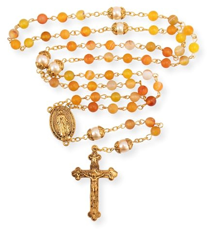 Nazareth Store Katholische Rosenkranz-Halskette mit Goldkreuz, runden Perlen und wundertätiger Medaille