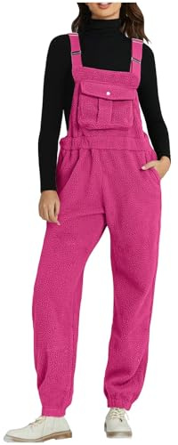Flodxo Fleece Jumpsuits for Women Uk Teddy Fleece Overalls with Pocket Warm Ladies Dungarees Straight Leg Ski Bib Trousers Casual Thermal Romper Pants Fuzzy Playsuits Holiday Vacation