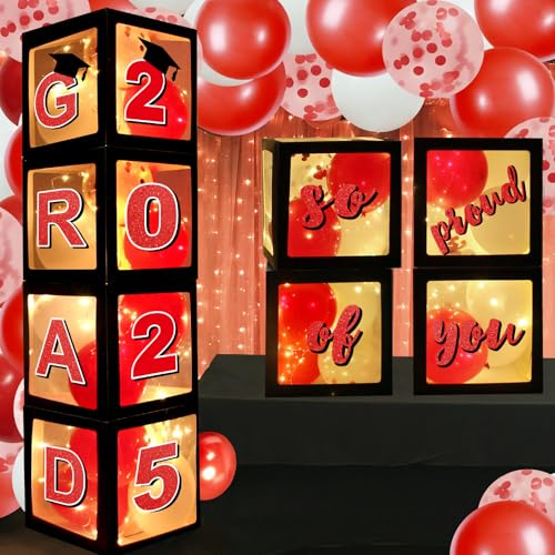 Red and Black Graduation Decorations 2025 Grad Party Balloon Boxes Class of 2025-4 Pack Graduation Balloon Boxes with 4 Light Strings & 24pcs Balloons & Letters 2025 Grad So Proud of You