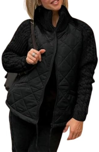 QKCQQTS Chaqueta Acolchada de Punto con Parches para Mujer, Chaqueta Acolchada de Punto con Parches para Mujer, Ropa de Abrigo acogedora para otoño e Invierno 2024 (2XL,Black)