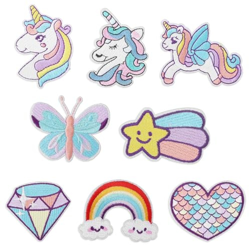 8pcs Patchs Thermocollants Licorne de Rêve pour Filles, 8 Styles Patchs Brodés à Repasser Appliques à Coudre DIY Patch de Réparation Cour Papillon Patchs Diamant pour Chapeau Jean Robe