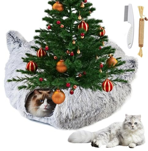 Cat Tunnel Christmas Tree, Circular Cat Tunnels Under Christmas Tree Skirt for Indoor, Christmas Tree Cats Bed Cave Tubes (Plush + Ears, Large)