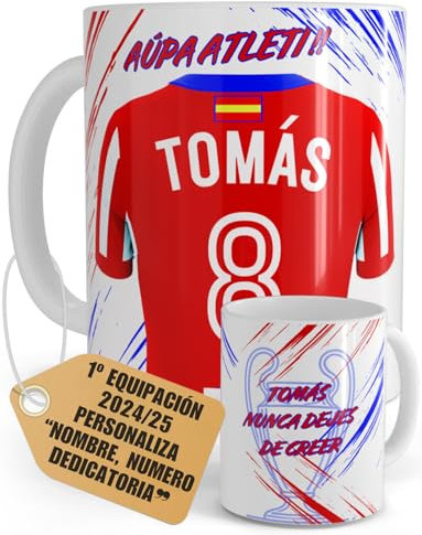 Taza Atletico Personalizada Fútbol Nombre Número Y Dedicatoria Equipaciones 24/25 Cerámica, Regalo Original Para Aficionados De Equipos Apta Microondas Lavavajillas Té Café