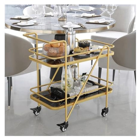 Rollbarer Barwagen aus Metall mit 2 Etagen, für Zuhause, stabiler Getränke-Servierwagen mit Stauraum, ideal für Küche, Esszimmer und Wohnzimmerdekoration (schwarz, groß)
