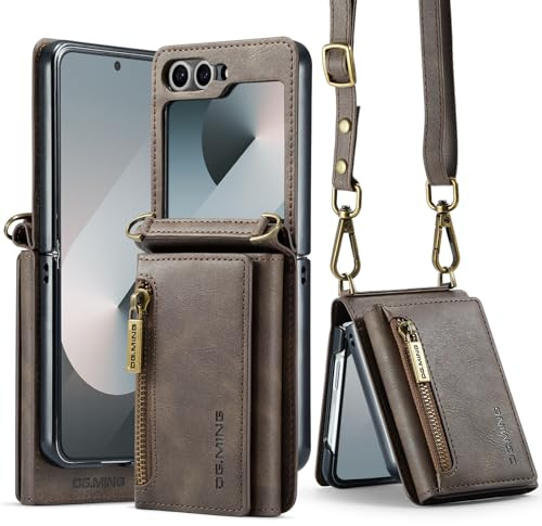 XYAJUANG Compatible with Samsung Galaxy Z Flip 6 Phone Case， Upgraded Zipper Design， Leather Folding Wallet Phone Cases with Shoulder Strap,Leather Pocket Phone Cases (Coffee)