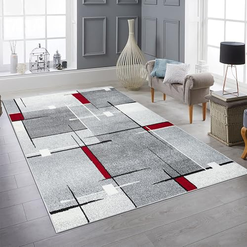 Teppich-Traum Kurzflor Teppich Strichmuster Geometrisch Grau Rot 160x220 cm | Weich, pflegeleicht, strapazierfähig, allergikerfreundlich und OEKO-TEX geprüft, für Wohnzimmer, Schlafzimmer & Büro