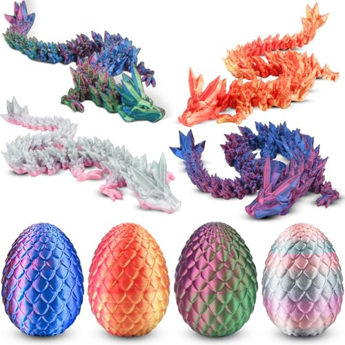Abitoncc 4 Pack 3D Dragon Eggs with Dragon Inside Articulated Crystal Dragon for Home Office Decor Executive Desk Toys Mythical 3D Printed Dragon for Adults